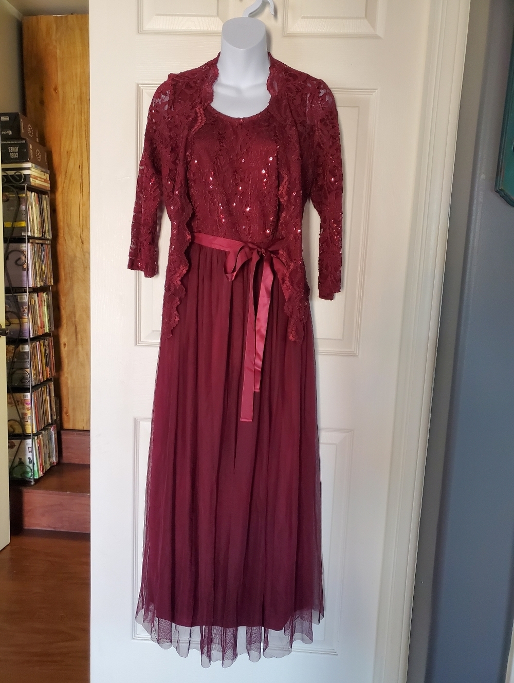 Burgundy Lace & Sequin Evening Dress with Ribbon Belt And Sheer Blazer Pullover